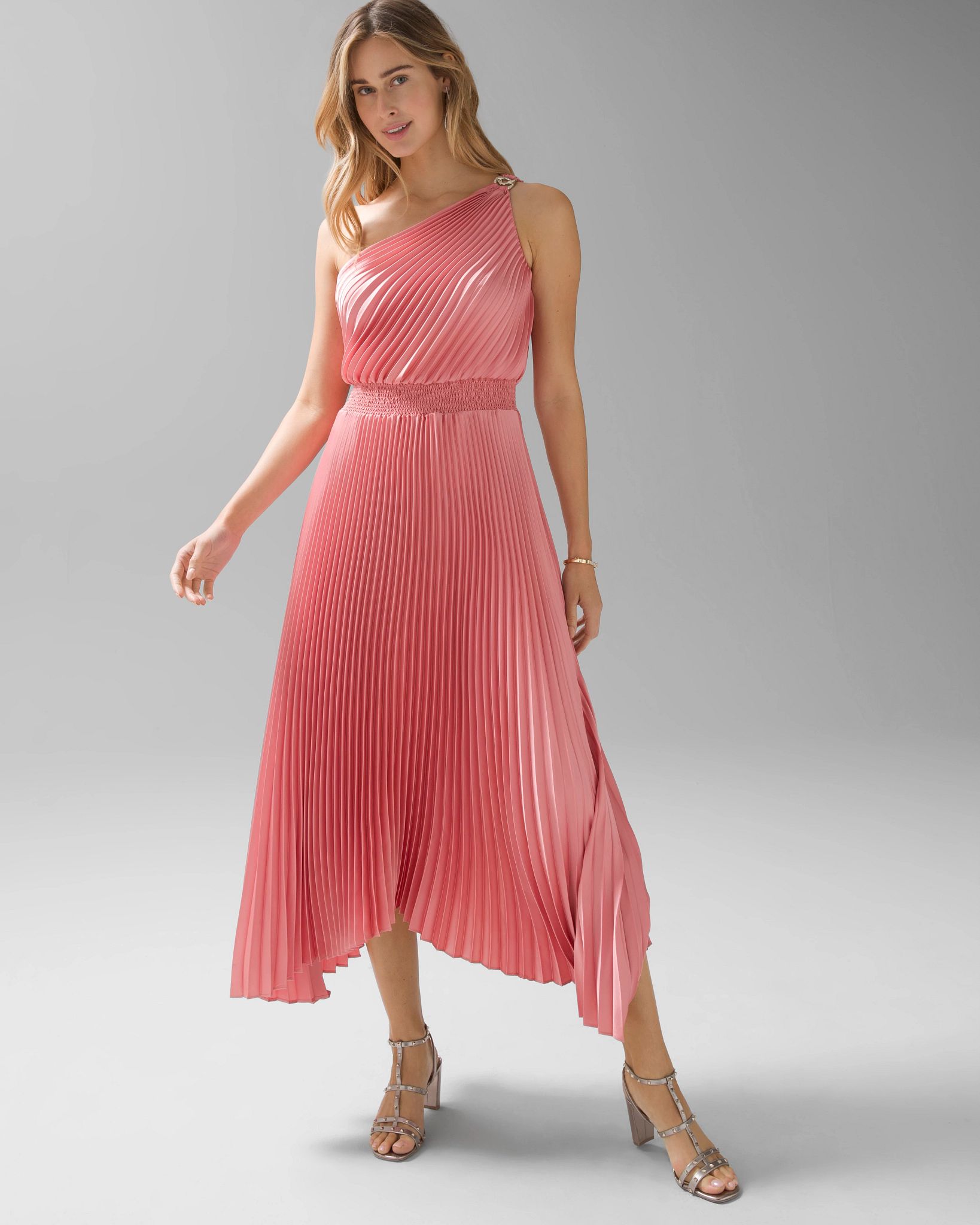 One shoulder pleated detail midi dress outlet